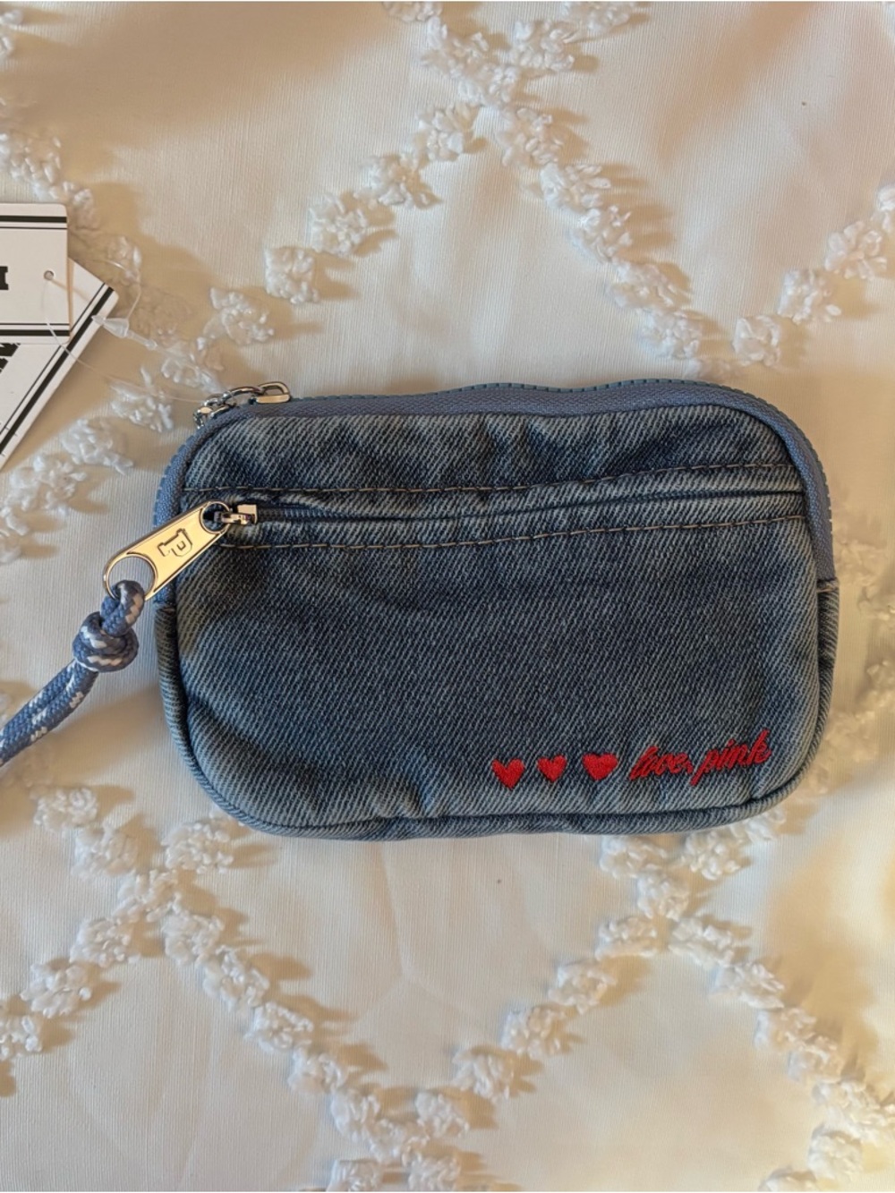 PINK Victoria's Secret Light Blue Denim Wristlet with Clear ID Window